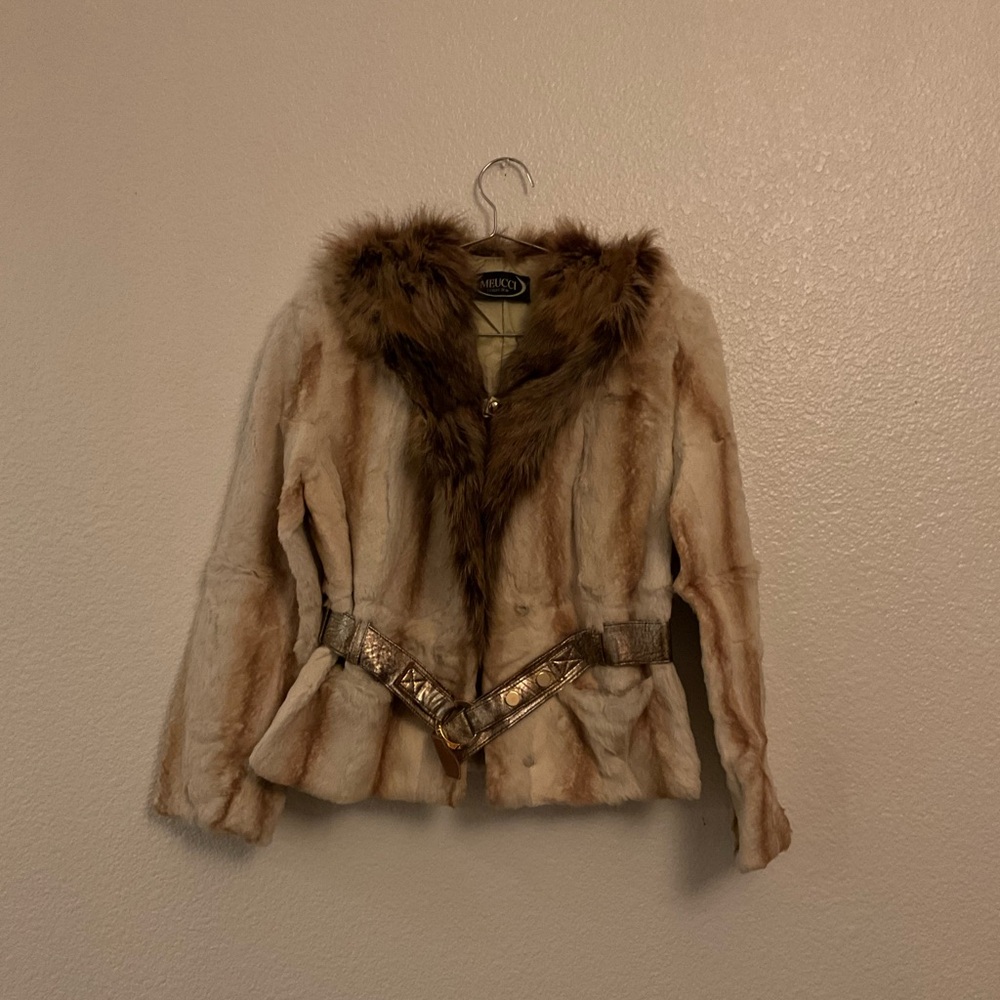 MEUCCI COLLECTION FENDI Like Real Fur Jacket w/ Fox Fur Collar & Leather Belt